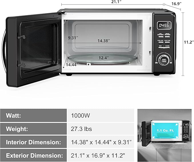 Galanz GLCMKZ11BKR10 Retro Countertop Microwave Oven with Auto Cook & Reheat, Defrost, Quick Start Functions, Easy Clean with Glass Turntable, Pull Handle, 1.1 cu ft, Black