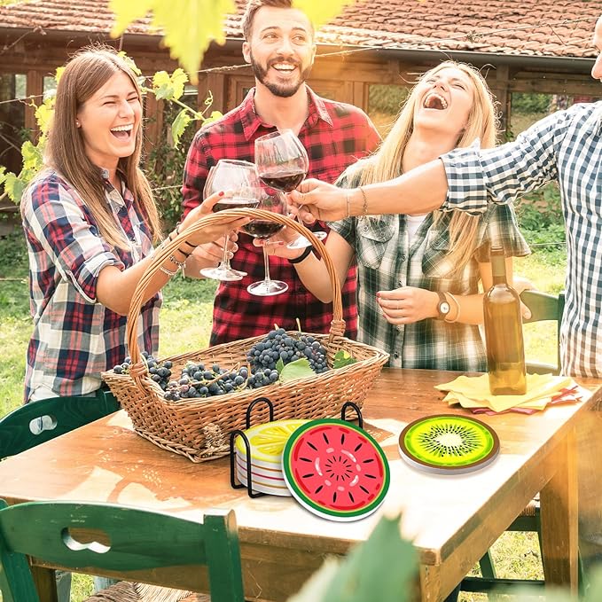 Coasters for Drinks Set of 6, Cute Fruits Round Ceramic Coasters Summer Fruit Kitchen Decor with Cork Base and Metal Holder, Non-Slip Tabletop Protection Mat for Mugs Cups Coaster, Housewarming Gift