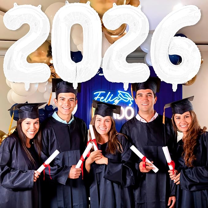 2026 Balloons New Years Eve Party Supplies - 40" Large White Foil Number Balloon New Years Decorations Graduation Balloons Class of 2026 Happy New Year Birthday Anniversary Graduation Decorations