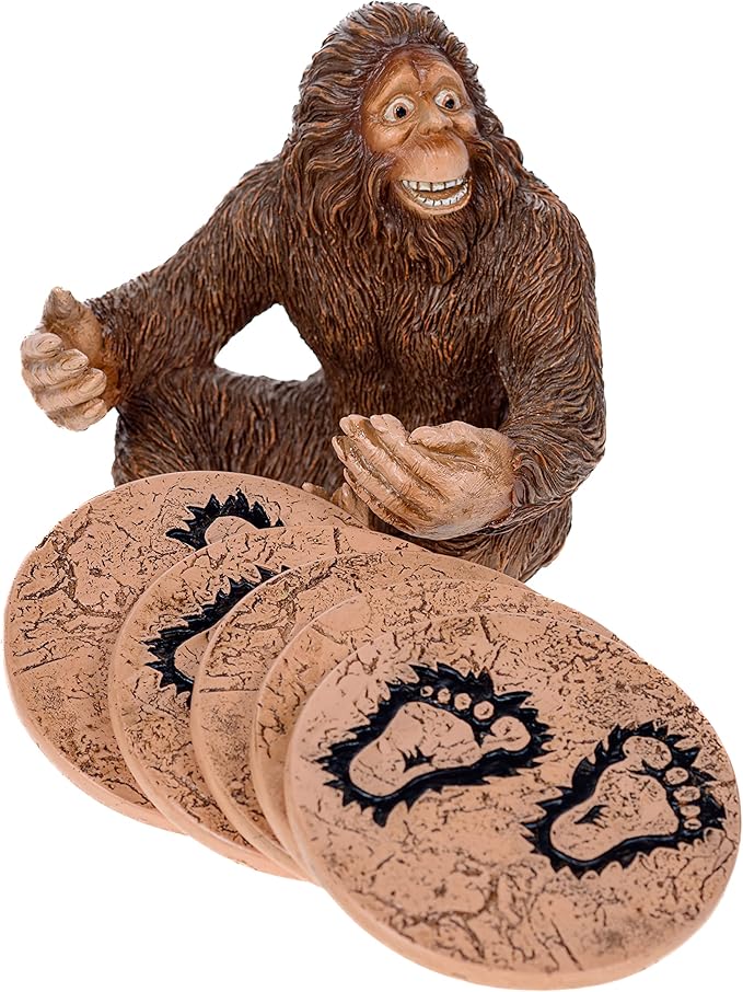 Pine Ridge Rustic Chic Drink Coaster Set with Holder for The Man Cave Old West Decor Rustic Hunter Cabin Theme Cabin Dining Furniture Gun Gifts for Men (Bigfoot Sasquatch Brown)