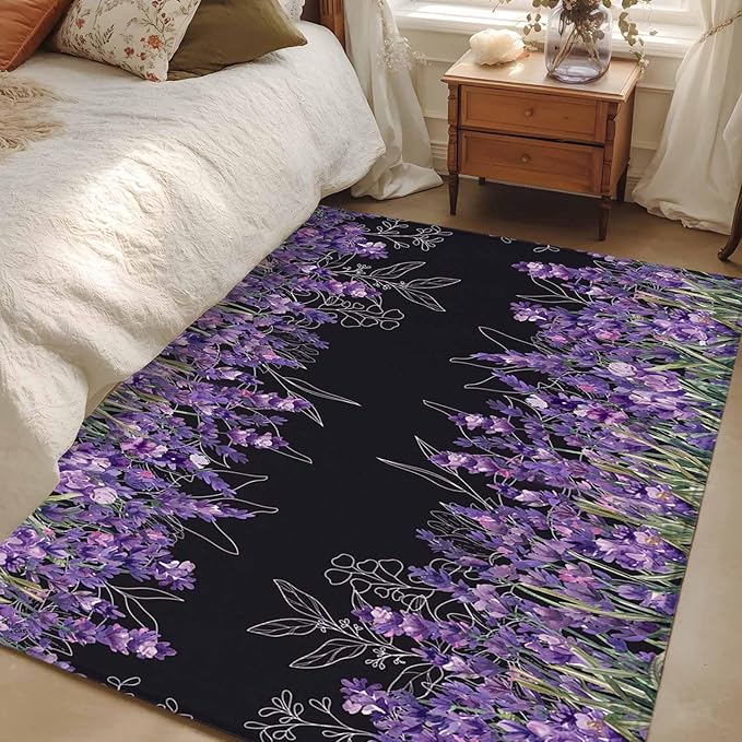 Area Rug 3x5ft, Spring Purple Lavender Flower Washable Rugs for Living Room Bedroom, Watercolor Floral on Black Soft Non-Slip Area Rugs Rectangle Floor Carpet for Dining Room