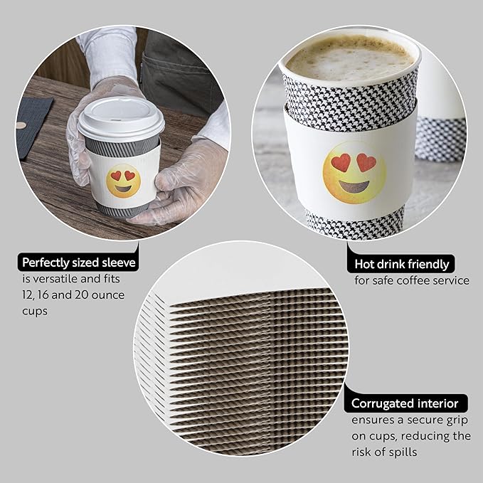 Restaurantware SLEEVES ONLY: Restpresso 5.1 x 2.8 Inch Coffee Cup Sleeves 50 Corrugated Hot Cup Sleeves - Heart-Eye Emoji Heat-Tolerant White Paper Disposable Coffee Sleeves Secure Grip