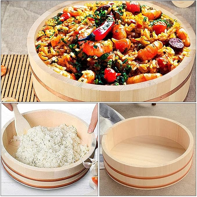 Round Sushi Rice Bowl with Shovel Wooden Hangiri Oke Sushi Rice Tub with Copper Band Rice Mixing Bowl Tub for Restaurant Home Kitchen 36x8cm (33x7.5cm)