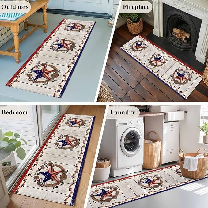 Runner Rug for Bedroom Hallway, Retro USA Flag Star and Berry Kitchen Runner Rugs Area Rug 2x6ft, Wooden Texture Washable Soft Floor Carpet for Entryway Stair