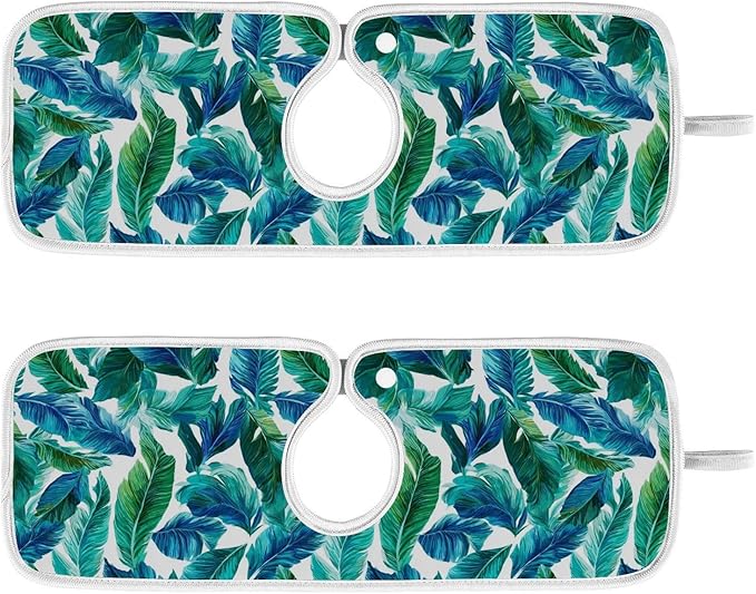 Kitchen Faucet Absorbent Mat,Turquoise Green Palm Leaves Water Splash Guard for Sink, Faucet Drip Catcher Thicken Sponge Microfiber Faucet Water Catcher Mat Sink Absorbent Mat for Kitchen 14x5in 2Pack