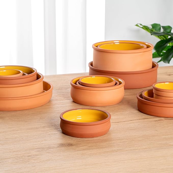 Restaurantware-Terra Tek 8.5 Ounce Terracotta Cazuelas, 2 Yellow Glazed Clay Pots For Cooking - Oven-Ready, Microwavable, Terracotta Serving Pots, Dishwashable, For Cooking And Serving