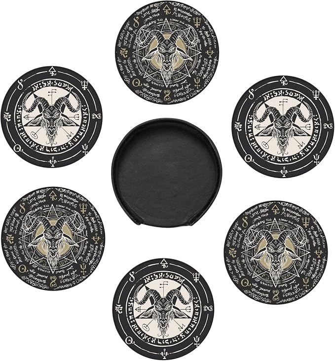 Satanic Goat Star Leather Drinks Coasters with Holder, Set of 6, Suitable for Various Cups