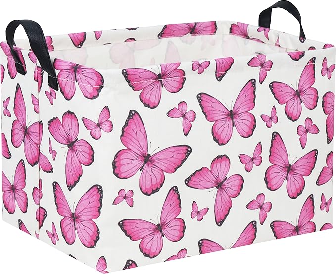HIYAGON Rectangular Butterfly Pink Kids Storage Basket - Baby Girl Basket Toy Storage Bin Organizer Box Rainbow Room Decor
