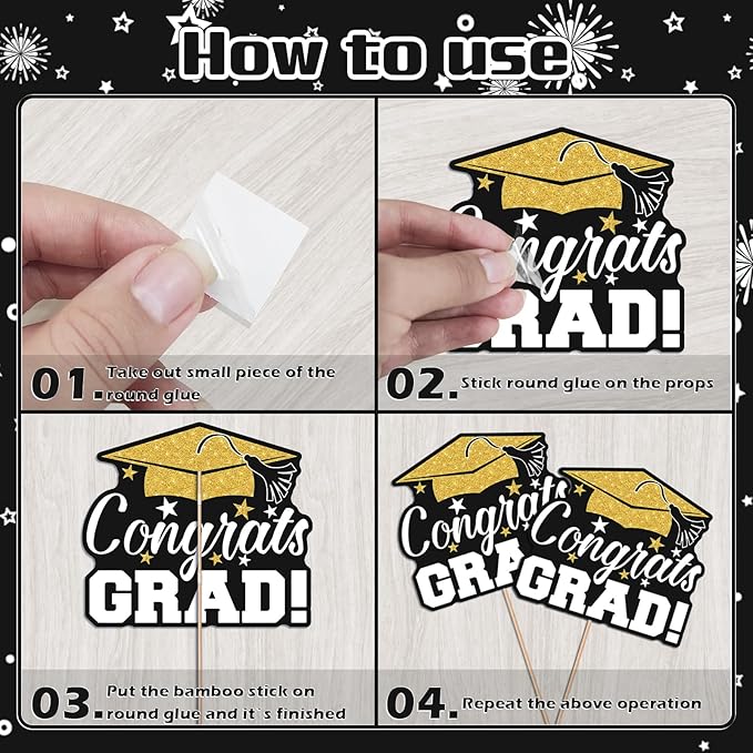 2026 Graduation Party Decorations - 24 Pcs Class of 2026 Congrats Grad Table Centerpieces Graduation Table Decorations Sticks Table Toppers for Graduation Party (Black Gold)