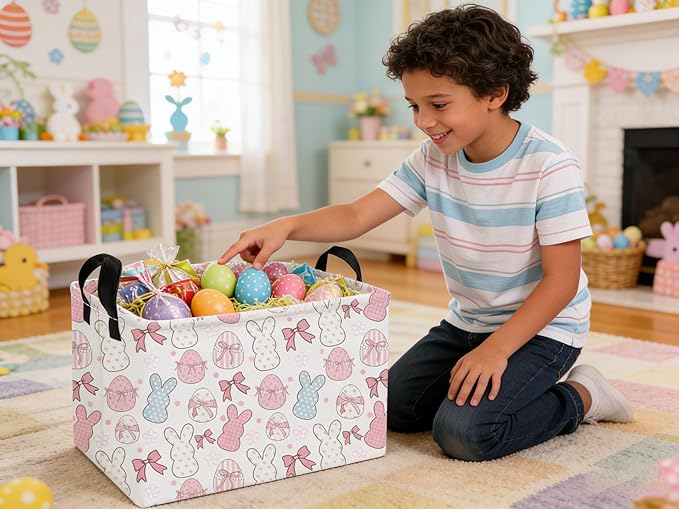 Essme Rectangular Easter Baskets,Kids Storage Box,Pink Easter Basket for Girls with Handles for Room Decor, Book Bins,Shelf Basket.(Bowknot eggs)