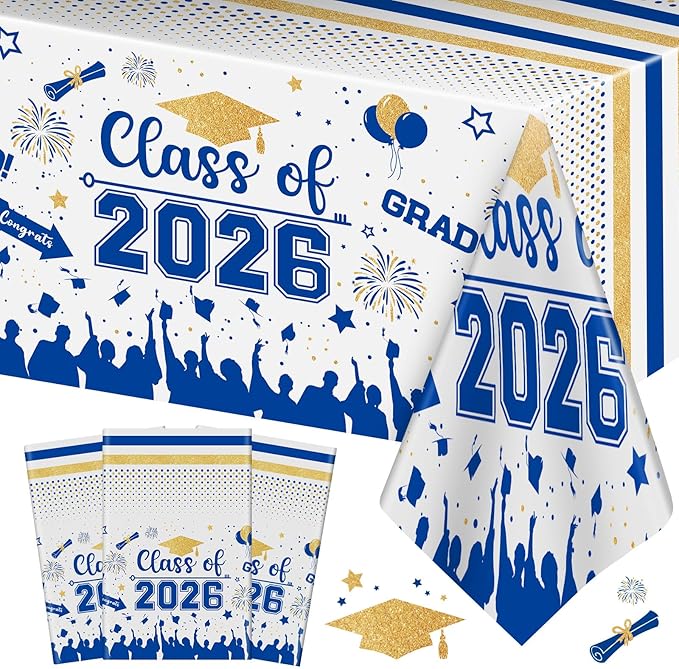 Graduation Decorations Class of 2026 Tablecloth - 3 Pcs Plastic Congrats Grad Table Cloth, Graduation Table Cover for Graduations Party Decorations 2026 and Party Supplies, 54"x108" (Blue and Gold)