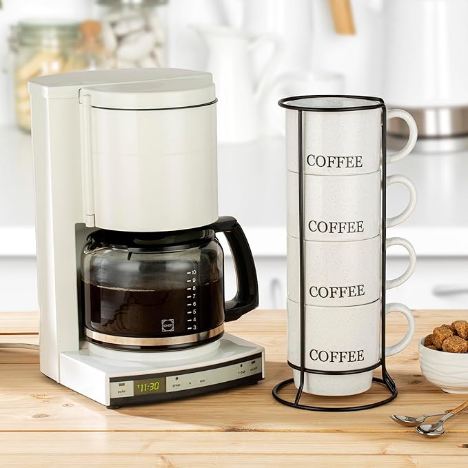 Signature Housewares Stackable Coffee Mug Tower Set with Metal Wire Rack - 15 Ounce Coffee Mugs for Coffee, Tea, Cocoa, Milk, Cappuccino, Hot Chocolate Set of 4 - White Coffee