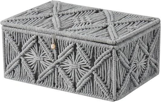 Decorative Boho Storage Baskets with Lid Bohemian Macrame Jewelry Box Handmade Natural Cotton Rope Woven Bins Memory Keepsake Photo Makeup Organizer Shelf Container (Gray, Large)