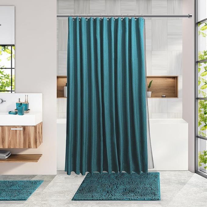 Clara Clark Bathroom Accessories Set - Bathroom Set, Bathroom Accessory Set, Shower Curtain Set, Toilet Brush, Trash Can & Soap Dispenser - Teal - 20PC