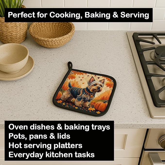 Caroline's Treasures DAC1075PTHD Silky Terrier Fall Pair of Pot Holders Kitchen Heat Resistant Pot Holders Sets Oven Hot Pads for Cooking Baking BBQ, 7 1/2 x 7 1/2