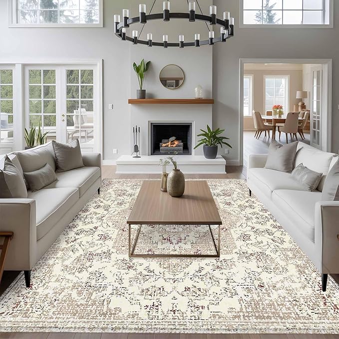 Beige Boho 5x8 Area Rugs, Vintage Ethnic Floral Non-Skid Rubber Backing Large Rectangle Rugs - Living Room Bedroom Home Office, Abstract Art Geometric Indoor Floor Mat Carpets Washable Rug