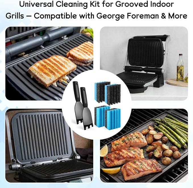 4-Pack Cleaning Sponge 12207 and 2-Pack Grill Scraper for George Foreman Grill, Kitchen Sponges and Scraper Compatible with Most Other Indoor & Outdoor Grills with Grooves and Sandwich Makers