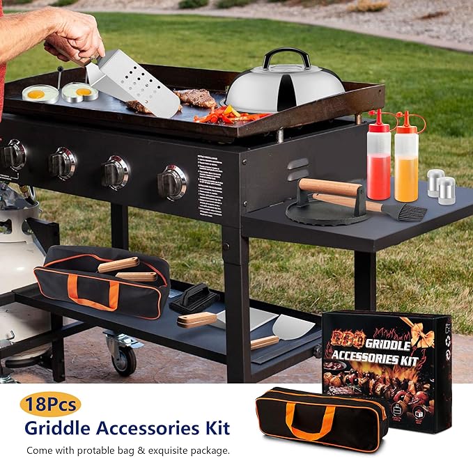 18Pcs Griddle Accessories Kit for Blackstone, Joyfair Flattop Grilling Accessory Set with Smash Burger Press, Stainless Steel Spatula Tools with Basting Cover for Outdoor BBQ Cooking (Wooden Handles)