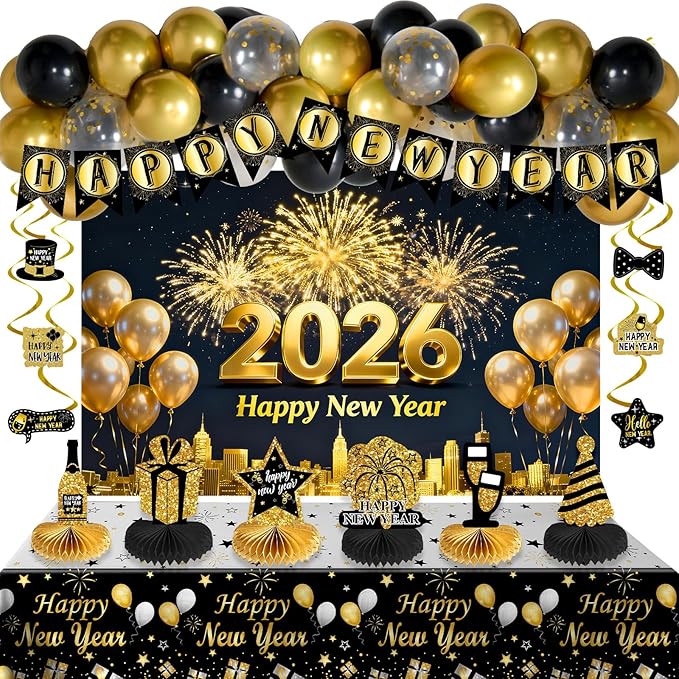 New Years Eve Party Supplies 2026, Happy New Years Decorations Gold and Black, Happy New Year 2026 Backdrop Banner Tablecloth Balloons Hanging Swirls Honeycomb, 2026 Nye Party Decorations Kit