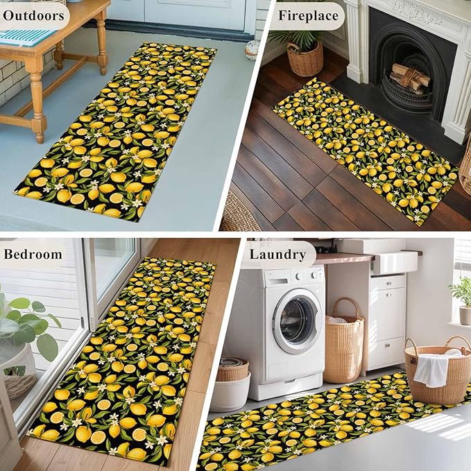 Runner Rug for Bedroom Hallway, Summer Lemon Flower Kitchen Runner Rugs Area Rug 2x6ft, Plant on Black Washable Soft Floor Carpet for Entryway Stair
