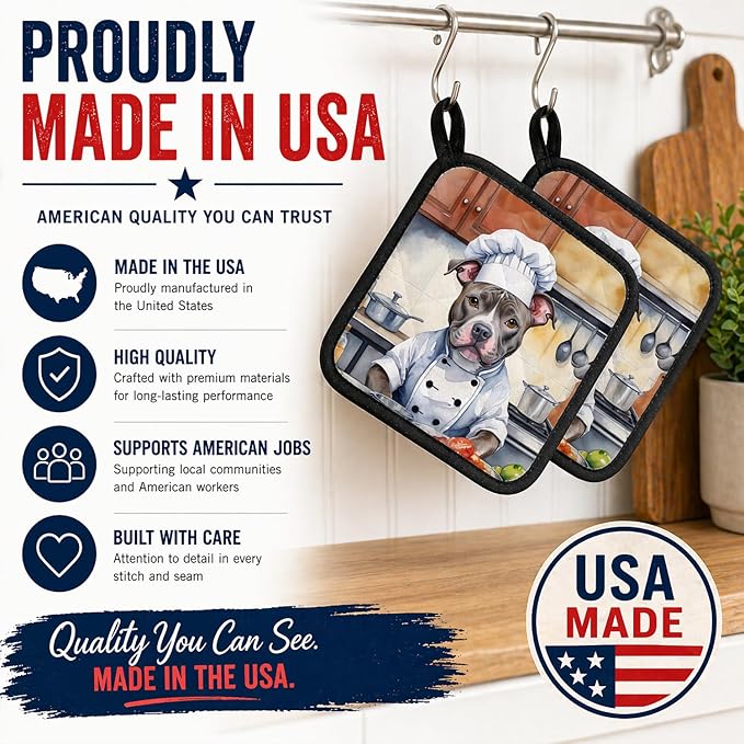 Caroline's Treasures Pit Bull Terrier The Chef Pair of Pot Holders Kitchen Heat Resistant Pot Holders Sets Oven Hot Pads for Cooking Baking BBQ, 7 1/2 x 7 1/2