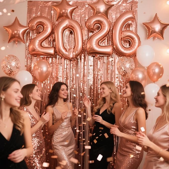 JOJO FLY New Years Eve Party Decorations Kit, Rose Gold 2026 Balloons, Rose Gold and White Balloons Set, Foil Curtain, Graduation Decorations, New Years Eve Party Supplies 2026