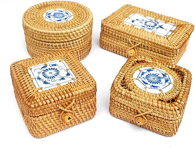 Rattan Box with Lid: Blue-and-White Porcelain Decorative Rattan Storage Box, Hand-Woven Wicker Storage Basket with Lid, for Sundries Tea Case Picnic Food Containers (Round 2, 5.51in*5.51in*2.95in)