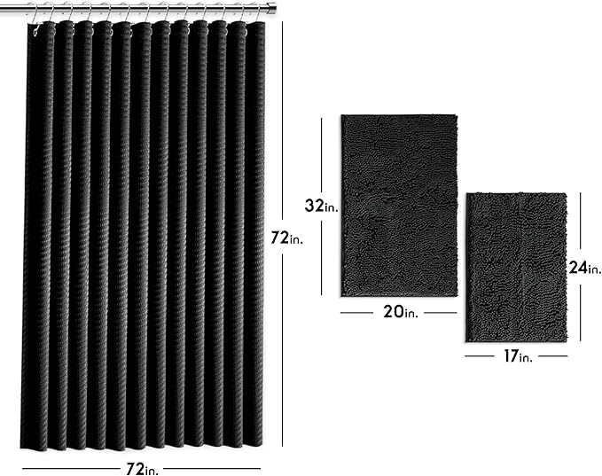 Clara Clark Black Shower Curtain Set with Rugs - Bathroom Sets with Shower Curtain and Rugs, Fabric Shower Curtains and 2 Bath Mats, Modern Bathroom Shower and Curtain Sets for Tub Or Stall