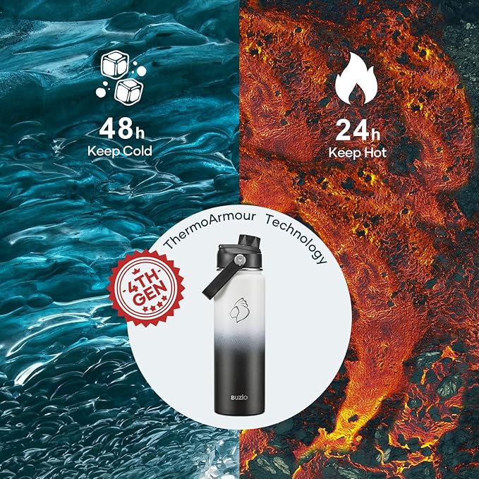 BUZIO 24 oz Water Bottle Insulated, Leakproof Stainless Steel Flask (Cold for 48 Hrs), Wide Mouth BPA-Free Metal Thermo Hydro Canteen with 2 Lids, Day & Night