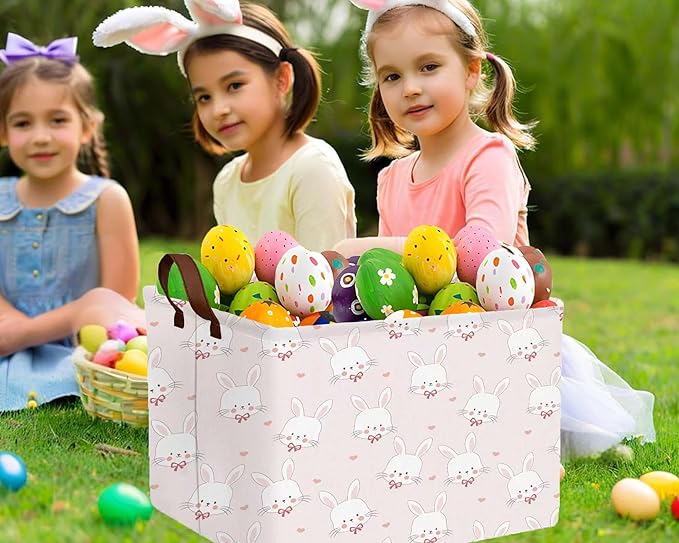 Large Rectangular Easter Baskets Empty Waterproof Boy Toy Box Foldable Kid's Gifts Storage Bin Spring Room Decor(Pink Love Rabbit Head)