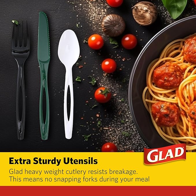 Glad Disposable Cutlery Set with Heavy Duty Plastic Forks, Knives, and Spoons, Reusable Dishwasher Safe Plastic Utensils for Parties and Everyday Use - Green, White, & Black, 120 Count