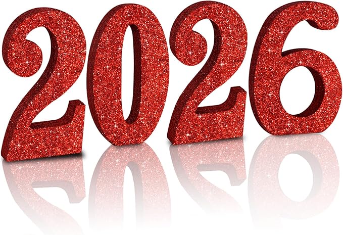 TONIFUL 4 Inch 2026 Red Glitter Table Centerpiece Sign 2026 Number Word Sign,2026 Wooden Numbers Block for New Year Eve,Graduation,Chrismas,Anniversary Party Supplies