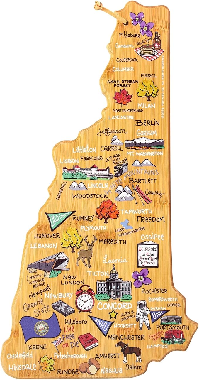 Totally Bamboo New Hampshire State Shaped Cutting Board and Charcuterie Serving Platter with Artwork by Fish Kiss, Includes Hang Tie for Wall Display