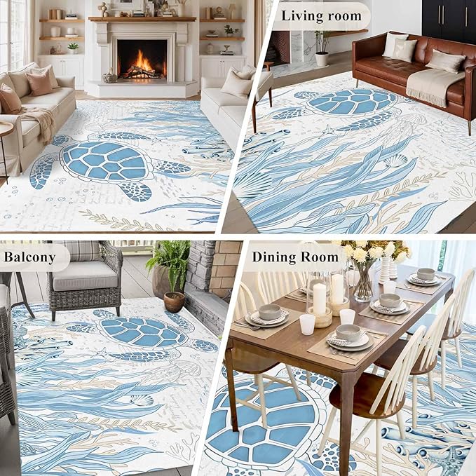 Area Rug 6x9ft, Blue Sea Turtles Stars Corals Washable Rugs for Living Room Bedroom, Vintage Marine Life Soft Non-Slip Area Rugs Rectangle Floor Carpet for Dining Room