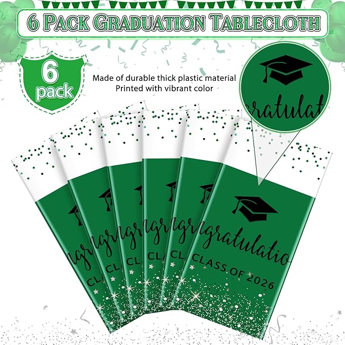 6 Pack Class of 2026 Graduation Tablecloths,Foil Dot Plastic Disposable Rectangle Table Covers for 2026 High School University College Graduation Party Decorations,108*54 Inch (Green and Black)