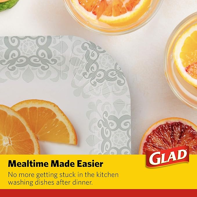 Glad Square Heavy Duty Paper Plates, Soak Proof and Cut Proof Disposable Plates for Parties and Everyday Meals, Microwaveable for Easy Serving, Grey Victorian Pattern, 7 Inch, 50 Count