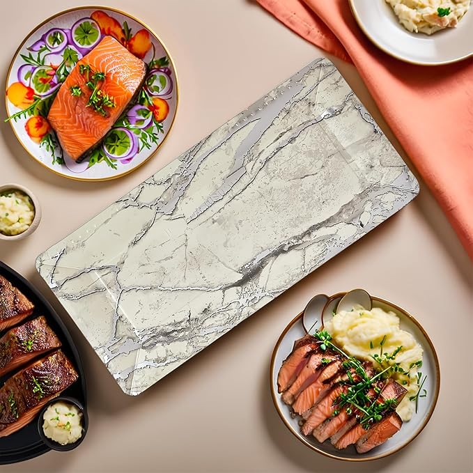 Elegant Marble Silver Loaf Rectangular Disposable Paper Platter - 16" x 7" (Pack of 3) - Perfect for Serving Bread, Cakes, & Desserts at Special Events