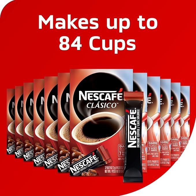 NESCAFE CLASICO, Dark Roast Instant Coffee, (168 Total packets),(Pack of 24)