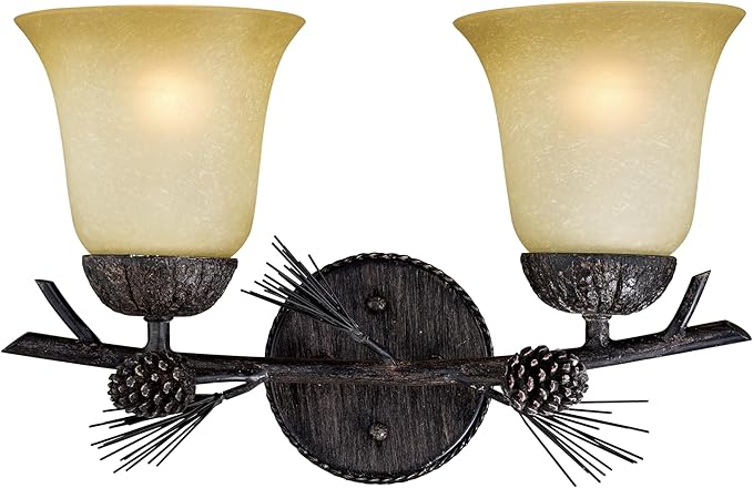 VAXCEL Sierra 2-Light 15 inch Wide Black Walnut Rustic Bathroom Vanity Lighting Fixture, Creme Cognac Glass Shade, Dimmable, LED Compatible, Pine Cone Motif, Reversible Wall Mounted Steel Sconce