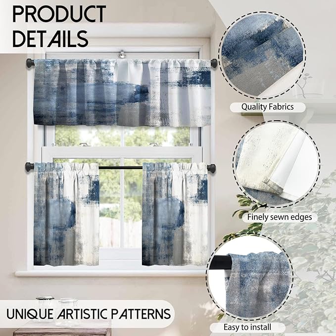 MCALK Blue Blackout Kitchen Curtains Tiers and Valances for Windows, Modern Abstract Art for Living Room (36" Tiers Set)