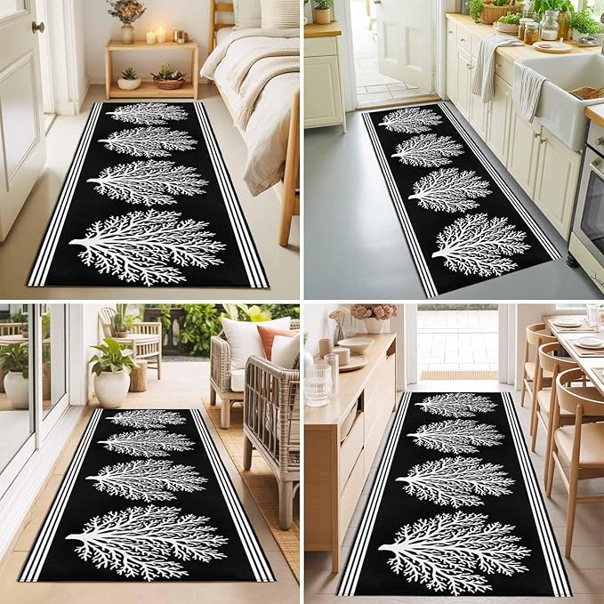 Runner Rug for Bedroom Hallway, Coastal Coral Reef Texture Kitchen Runner Rugs Area Rug 2x6ft, Ocean Theme Black White Washable Soft Floor Carpet for Entryway Stair