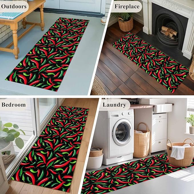 Runner Rug for Bedroom Hallway, Spicy Chili Pepper Pattern Kitchen Runner Rugs Area Rug 2x6ft, Red Green Peppers on Black Washable Soft Floor Carpet for Entryway Stair