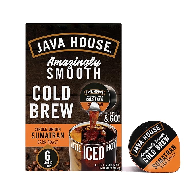 JAVA HOUSE Dark Roast Sumatran Cold Brew Capsules, 1.35 Fluid Ounces (6 Count) Peel and Pour, TSA Approved, Travel Friendly Cold Brew, Hot or Iced, Instant Coffee Concentrate