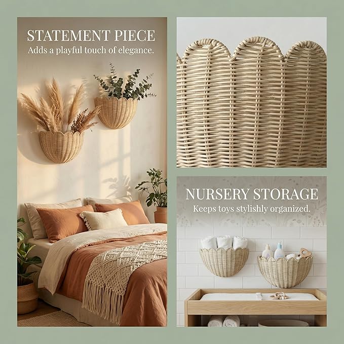 2pcs woven wall baskets,scalloped wall basket,hanging basket,16" x 10" x 7"In & 14" x 8" x 6"In