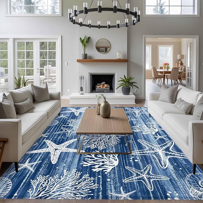 Navy Blue Coastal 8x10 Area Rugs, Ocean Coral Starfish Non-Skid Rubber Backing Large Rectangle Rugs - Living Room Bedroom Home Office, Summer Beach Indoor Floor Mat Carpets Washable Rug