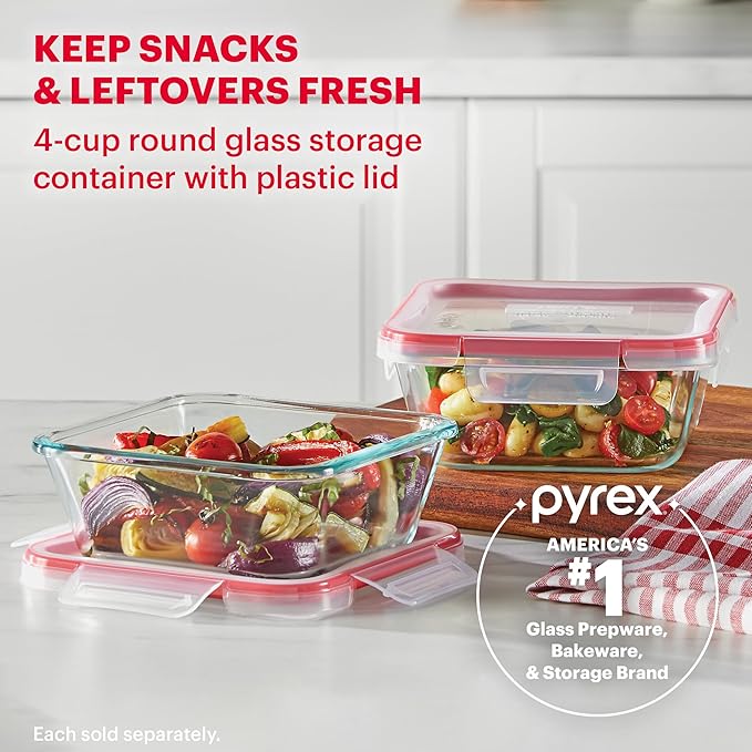 Pyrex Freshlock Glass Food Storage Container, Airtight & Leakproof Plastic Locking Lids, Freezer Dishwasher Microwave Safe, 4 Cup (Square)