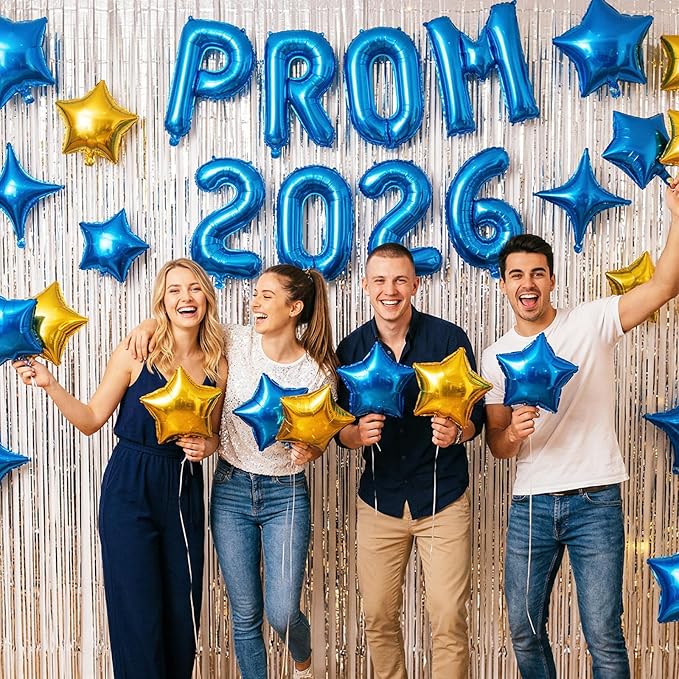 Prom 2026 Balloons Banner, 16 inch Blue Letter Balloons Prom 2026 Sign Decoration with Blue Gold Star Balloon for Class of 2026 Congrats Grad Party Birthday Retirement Graduation Party Supplies