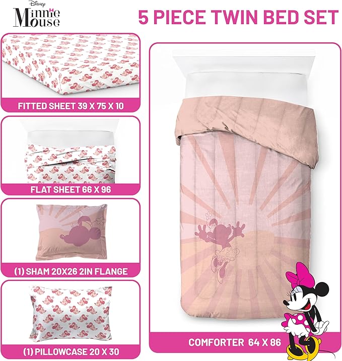 Disney Minnie Mouse Twin Size Comforter Set - 5 Piece Bedding Includes Sheet Set & Pillow Covers - Super Soft Cozy Pink Bedding