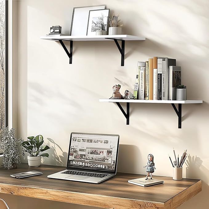 Tectocker-DOU Heavy Duty Long Wall Shelves Set of 2, Floating Shelves Wall Mounted with Industrial Brackets, 40lbs Capacity Shelves for Laundry Room, Kitchen, Bathroom, Living Room (24"*8",White)