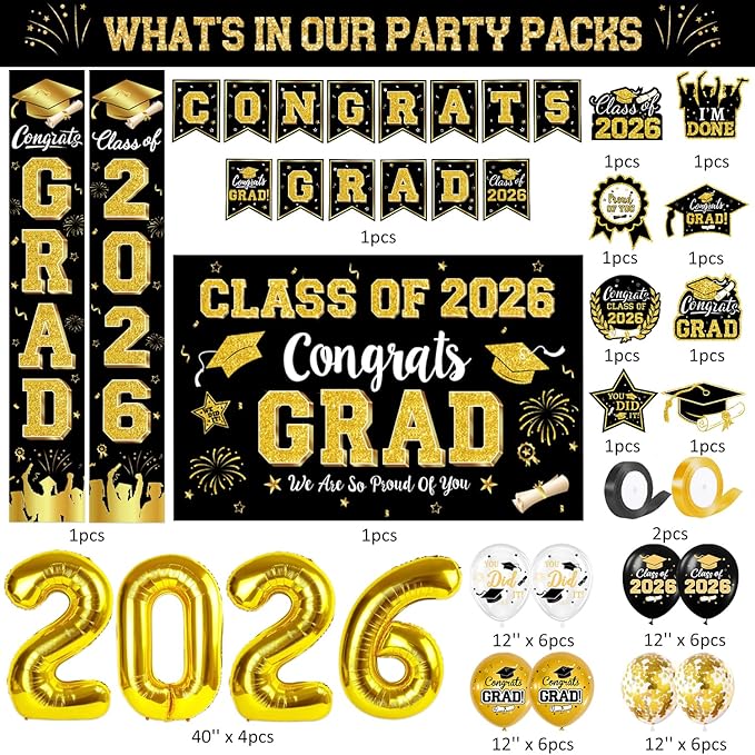Graduation Decorations Class of 2026 - Black and Gold Graduation Party Supplies Include Backdrop, Banner, Hanging Swirls, Porch Sign, Balloons for Congrats Grad Decorations